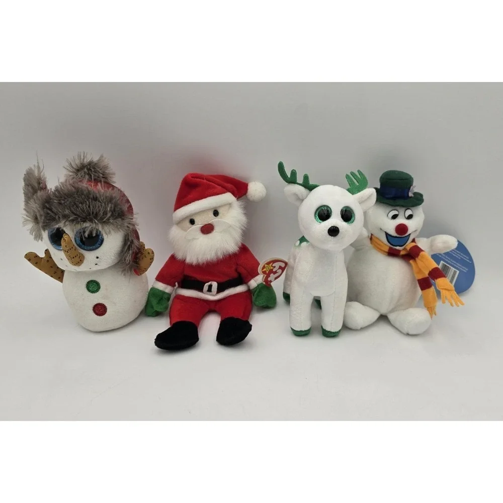 Lot Of 4 Beanie Plush Christmas‎ Toys Reindeer Santa Frosty Snowman Ty & Gemmy